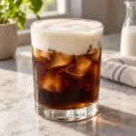 A clear iced-coffee glass topped with a soft, pourable white milk foam.