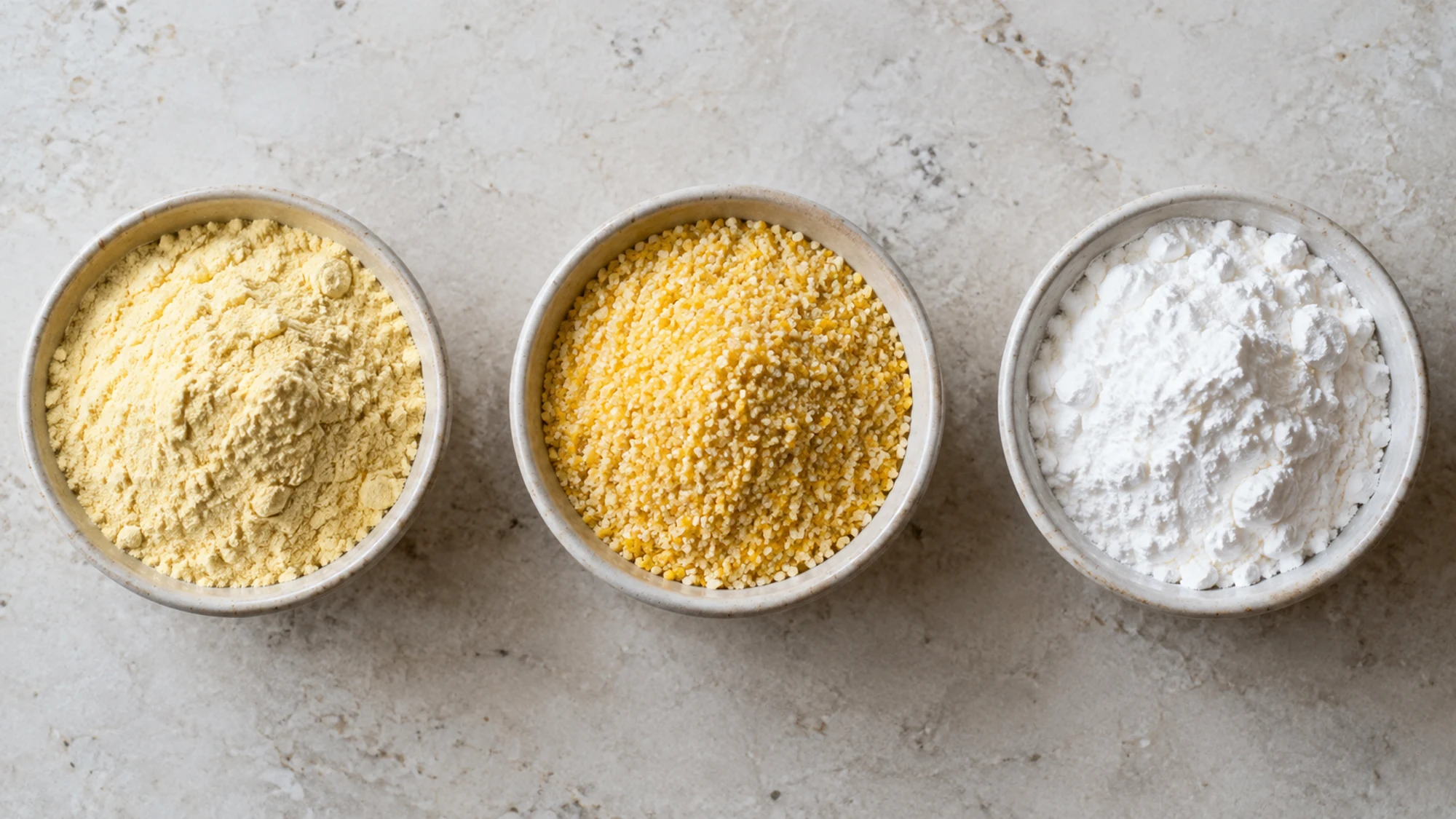 Bowls of fine yellow corn flour, coarser golden cornmeal and white corn starch
