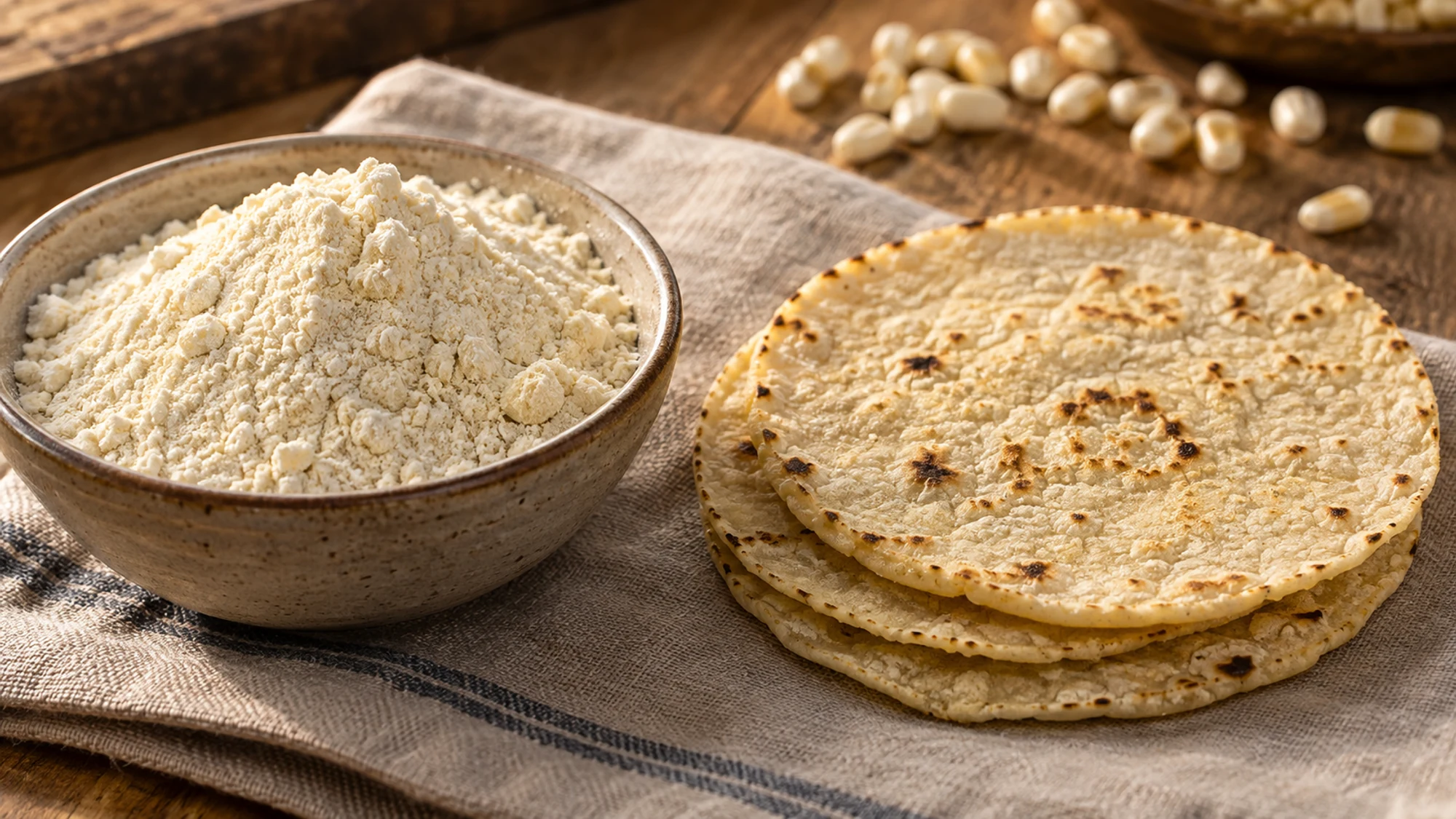 Ivory masa harina beside plain corn tortillas with lightly toasted spots
