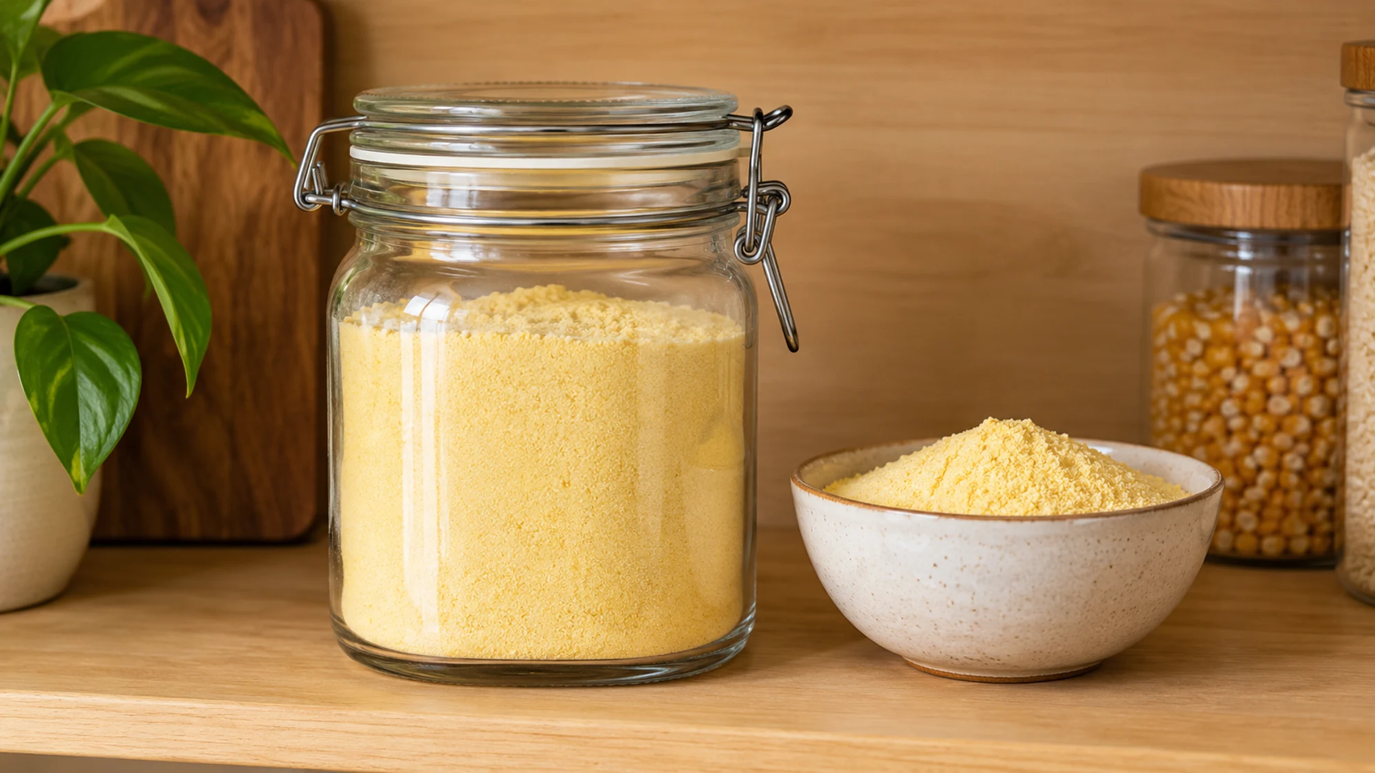 Closed glass jar of yellow corn flour beside a small bowl on a pantry shelf