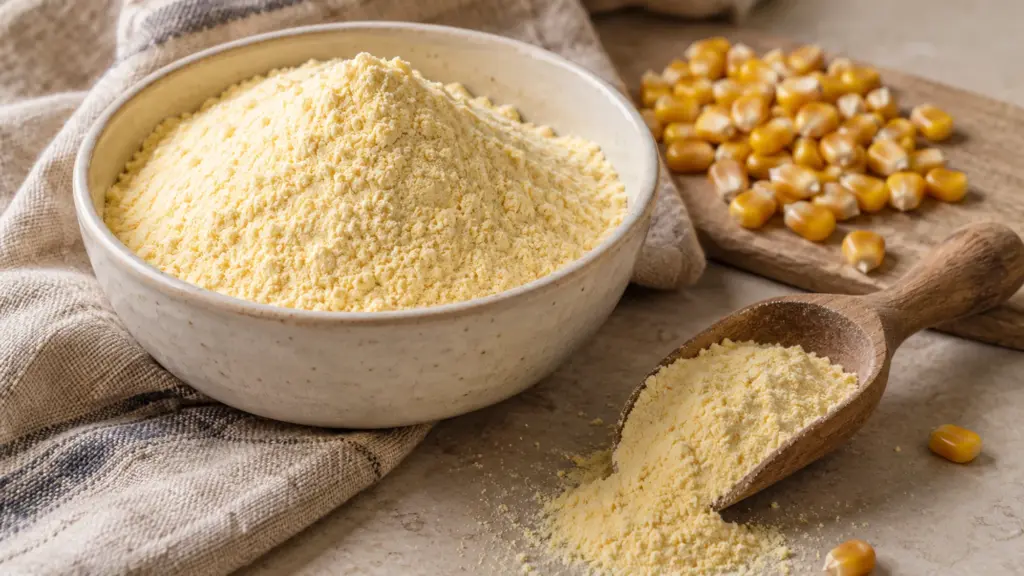 Fine yellow corn flour in a ceramic bowl with a wooden scoop and dry corn kernels