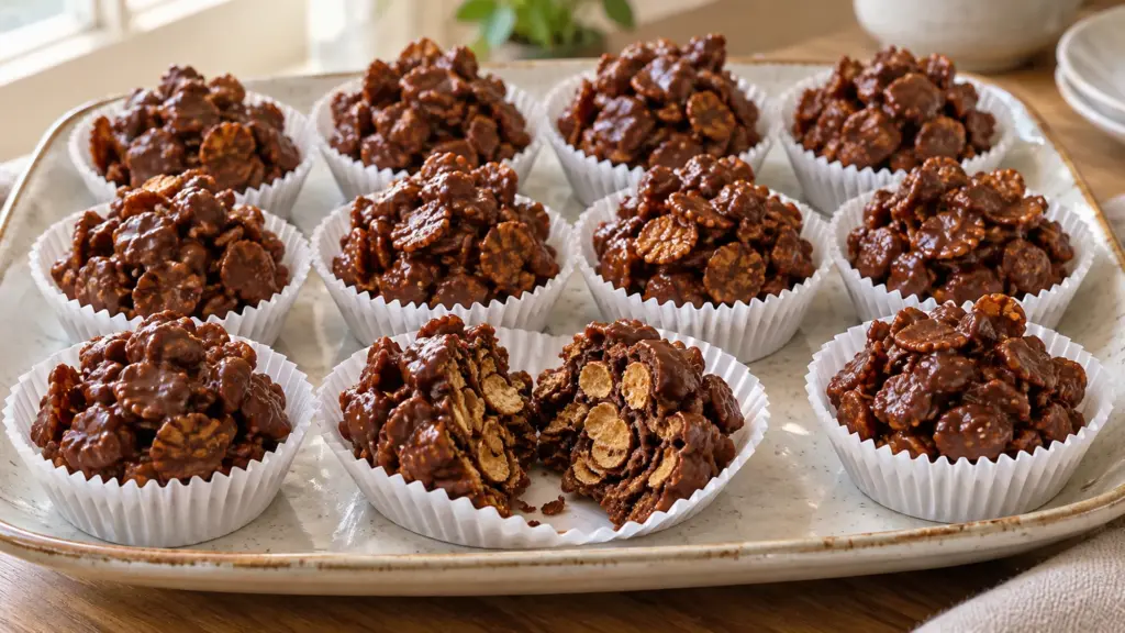 A plate of crisp chocolate cornflake cakes in white paper liners.