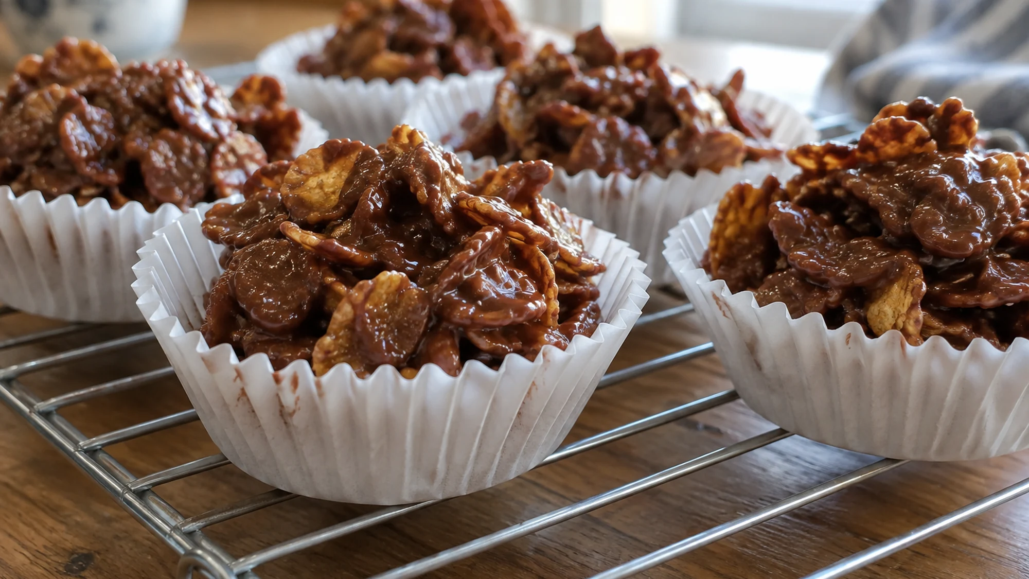Ingredients for cornflake cakes: chocolate, butter, golden syrup, cornflakes and salt.