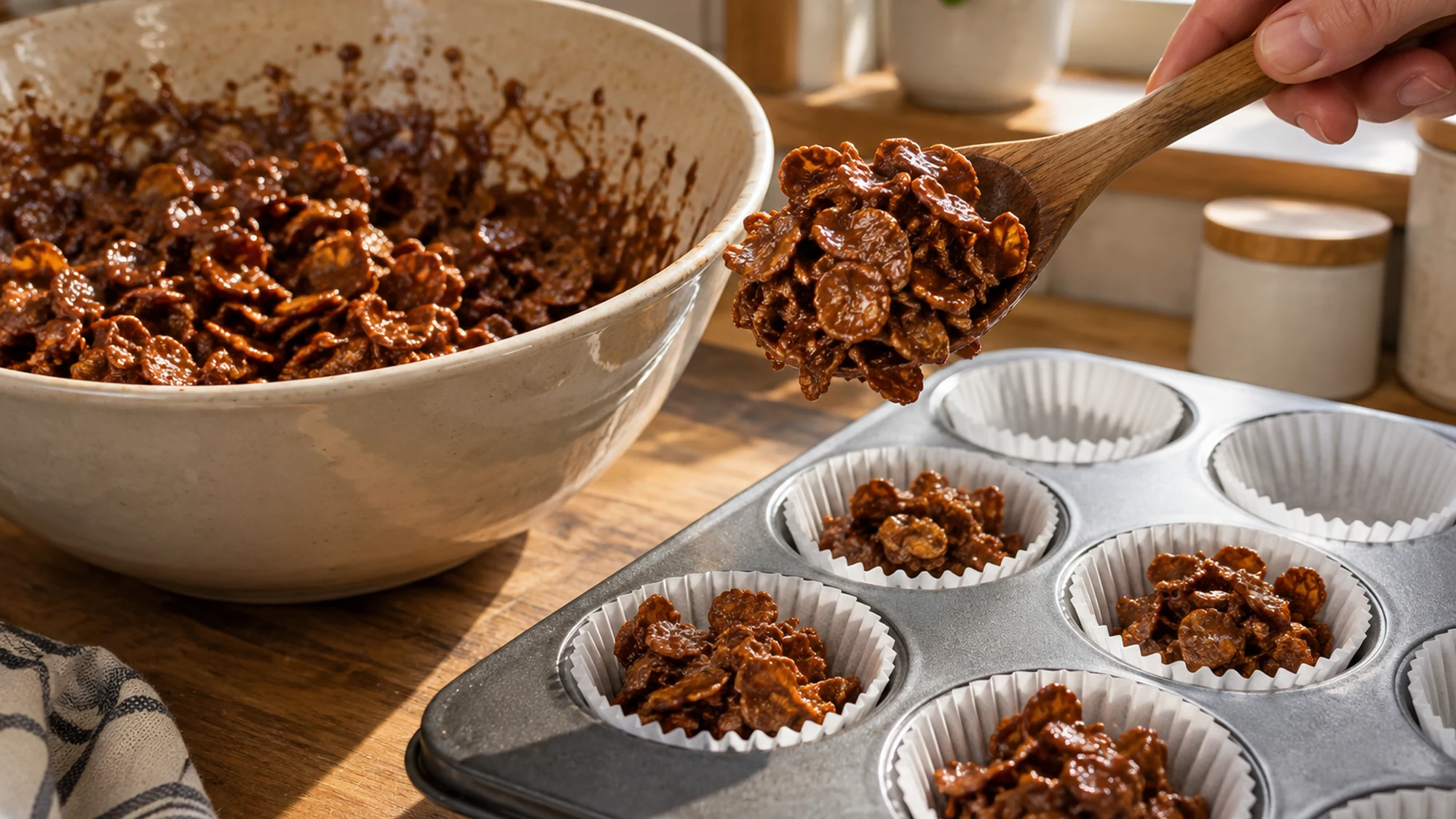 Cornflakes being gently coated in melted chocolate for no-bake cornflake cakes.