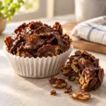 A chocolate cornflake cake in a white paper liner, square recipe-card photograph.