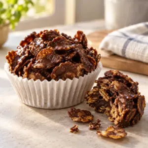 A chocolate cornflake cake in a white paper liner, square recipe-card photograph.
