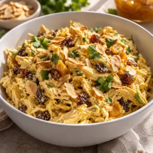 A square close-up of creamy golden coronation chicken with sultanas and toasted almonds.