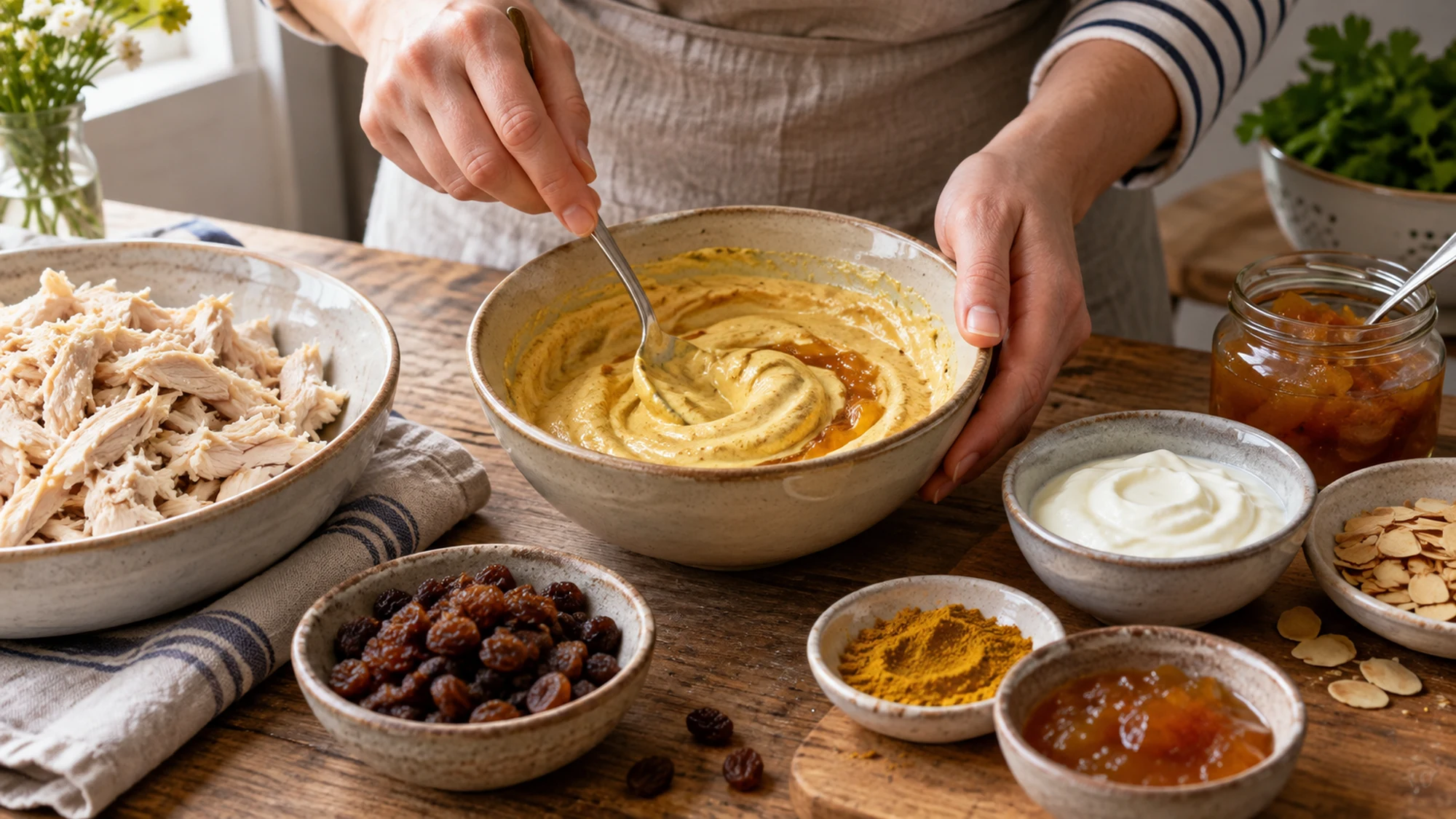 A smooth golden curry dressing being mixed before coating cooked chicken.