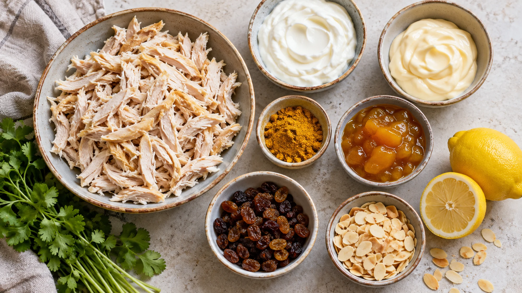 Cooked chicken and the measured ingredients for a mild coronation chicken dressing.
