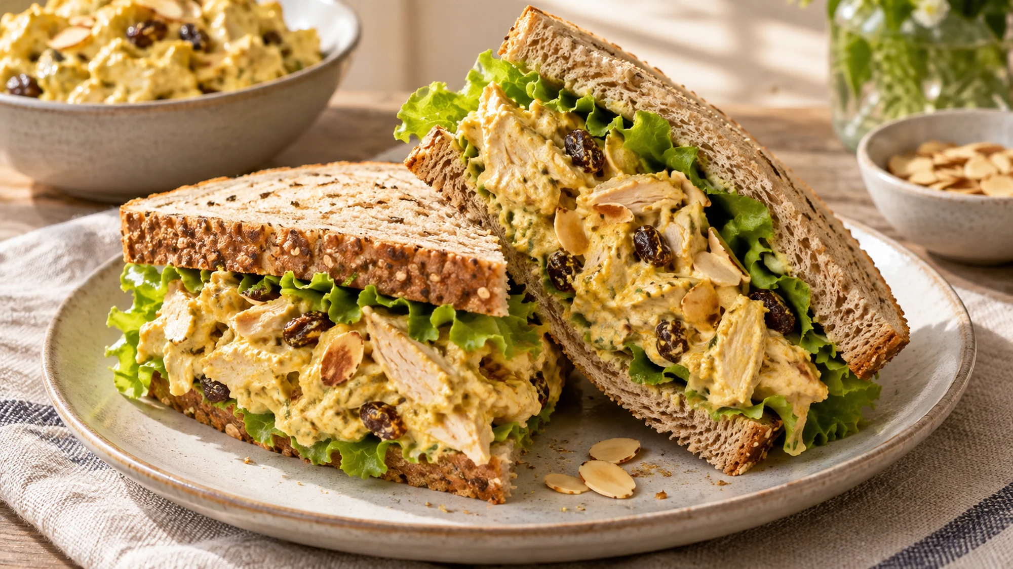 A coronation chicken sandwich with lettuce and toasted almonds.