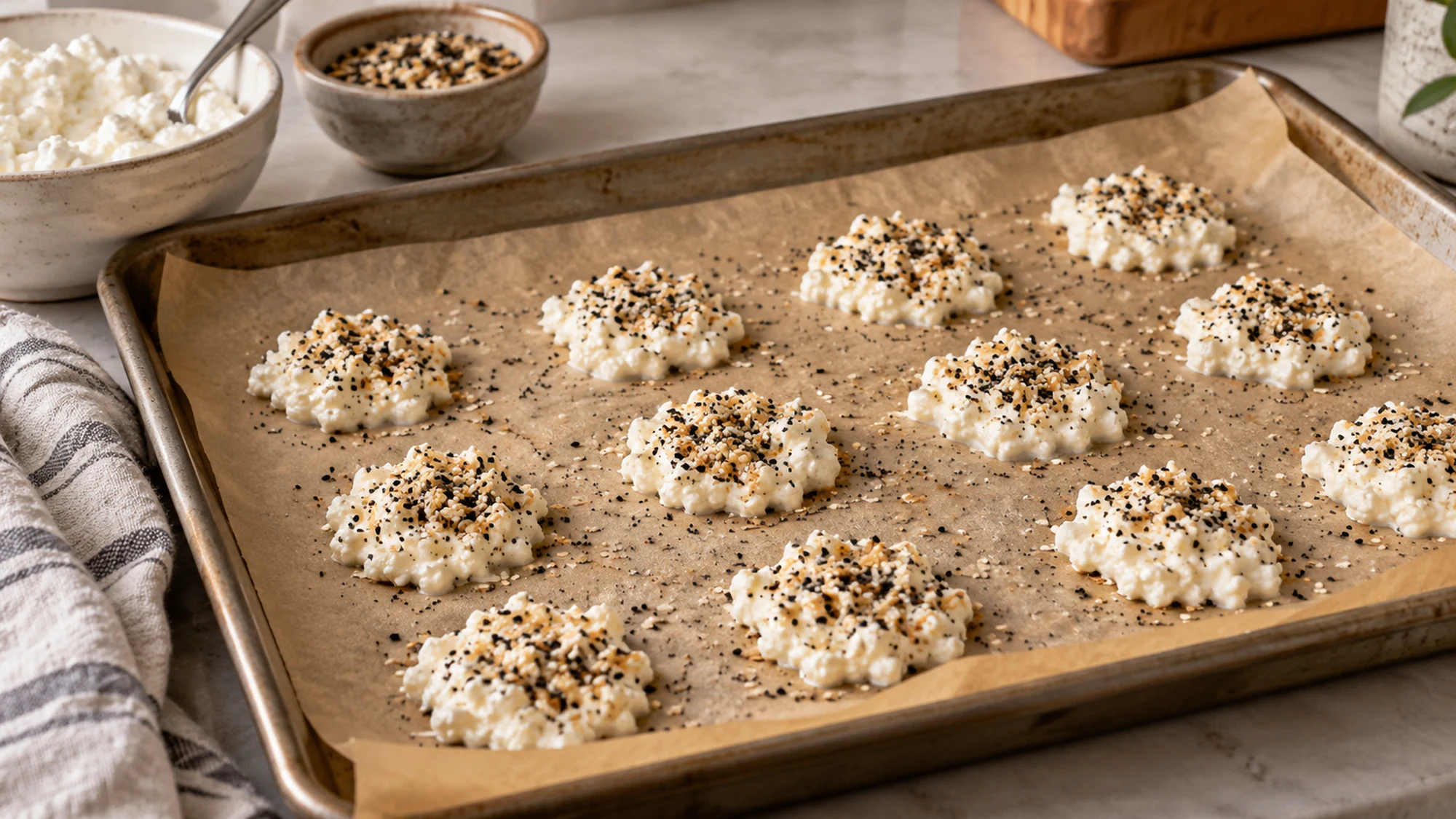 Flattened cottage cheese mounds with seasoning on parchment before baking.