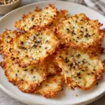 Square close-up of golden, thin cottage cheese chips with everything-bagel seasoning.