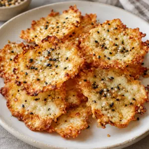 Square close-up of golden, thin cottage cheese chips with everything-bagel seasoning.