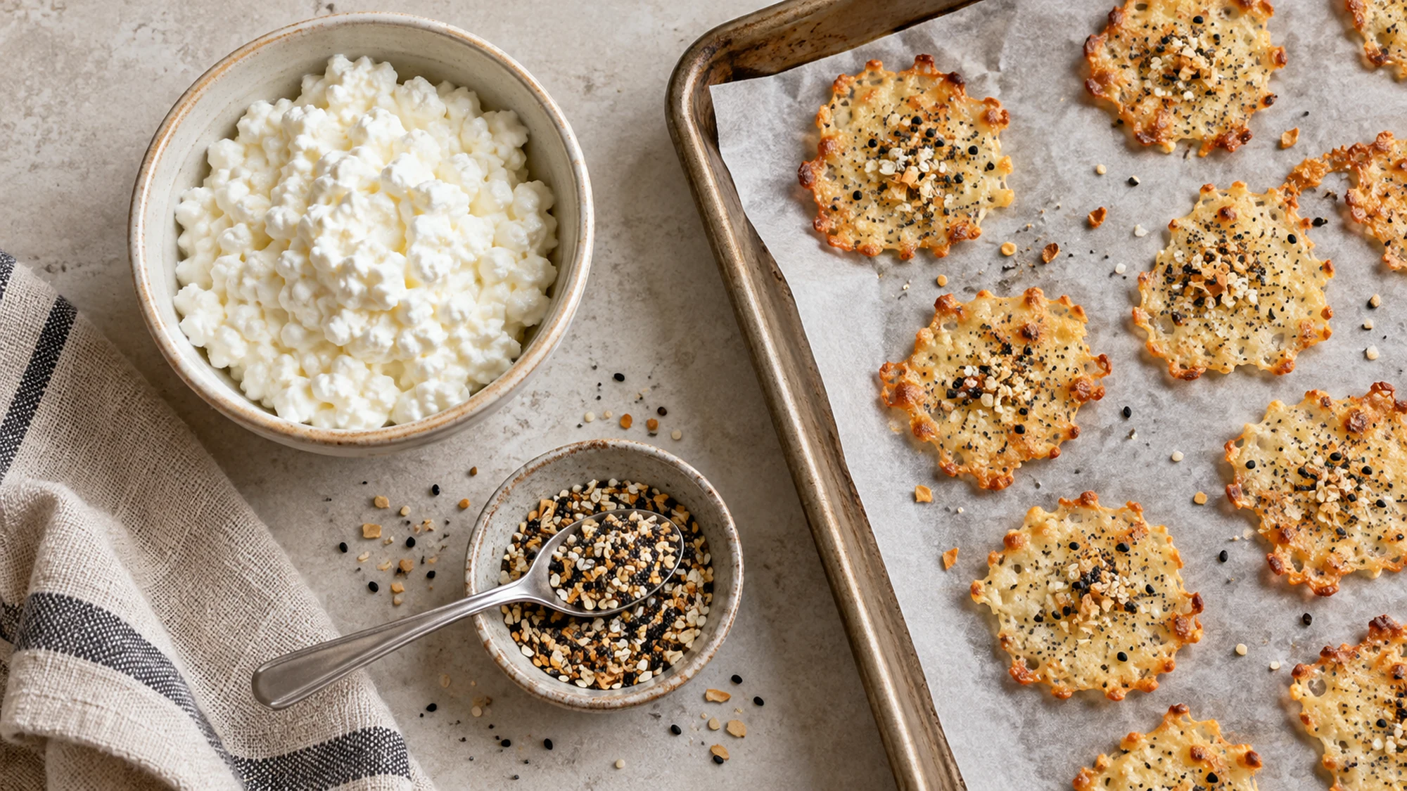 Small-curd cottage cheese and everything-bagel seasoning for baked chips.