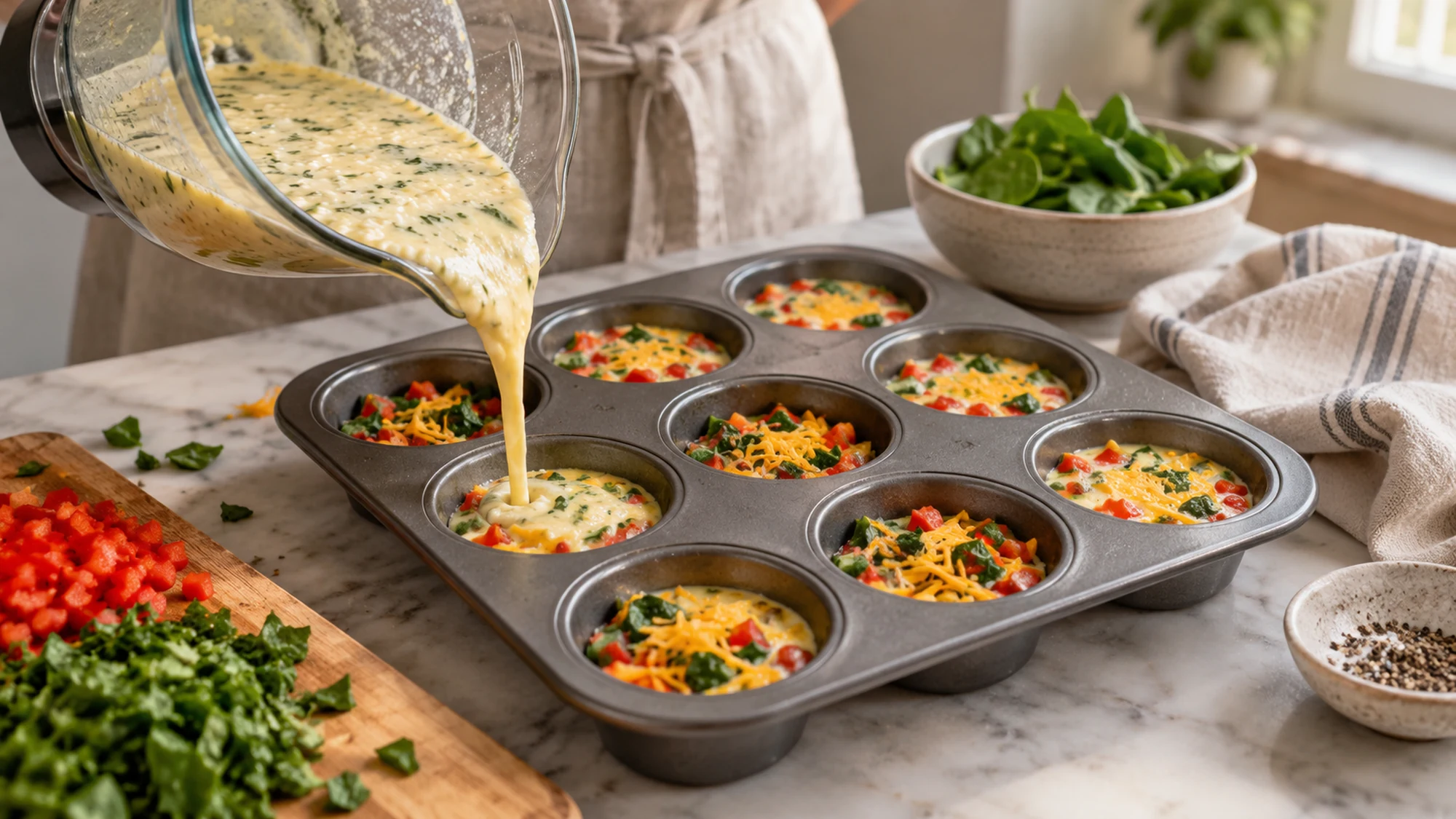 Smooth egg-and-cottage-cheese mixture being portioned into a muffin tin.
