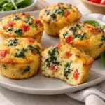 Square close-up of golden egg bites with spinach and red pepper.