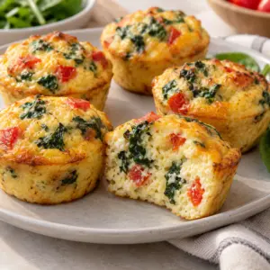 Square close-up of golden egg bites with spinach and red pepper.