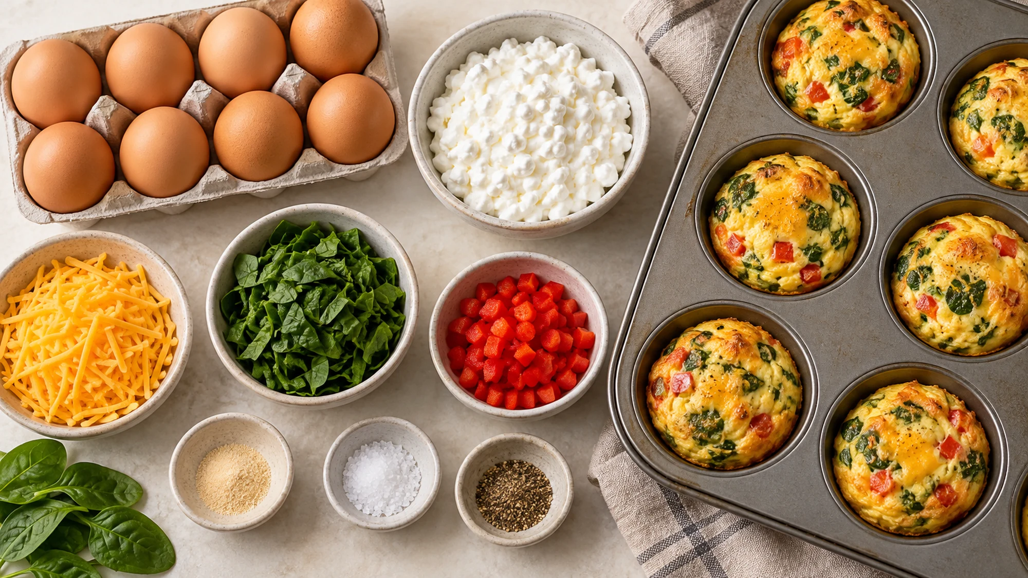 Eggs, cottage cheese, cheddar, spinach and pepper for twelve egg bites.