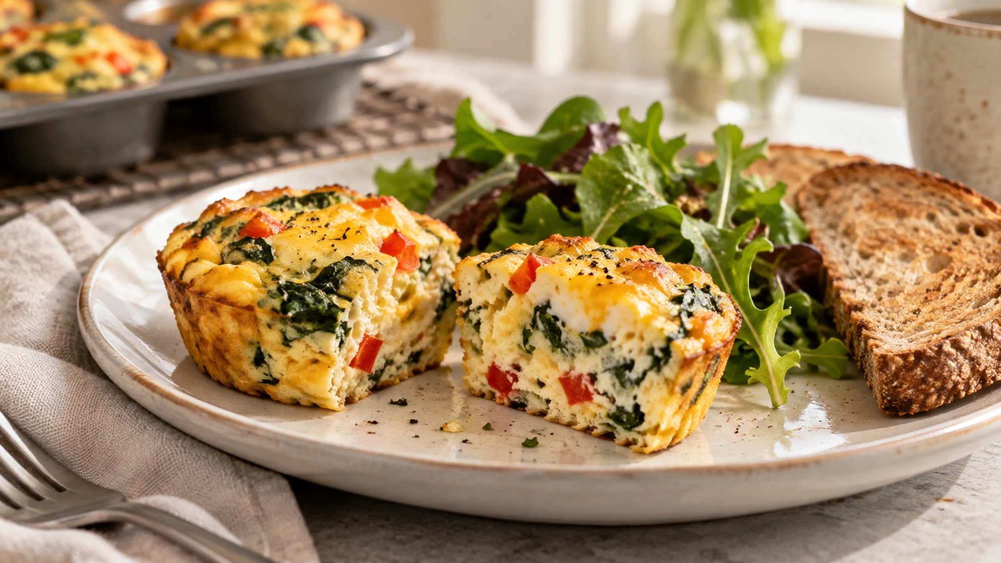 Warm cottage cheese egg bites cut open on a breakfast plate.