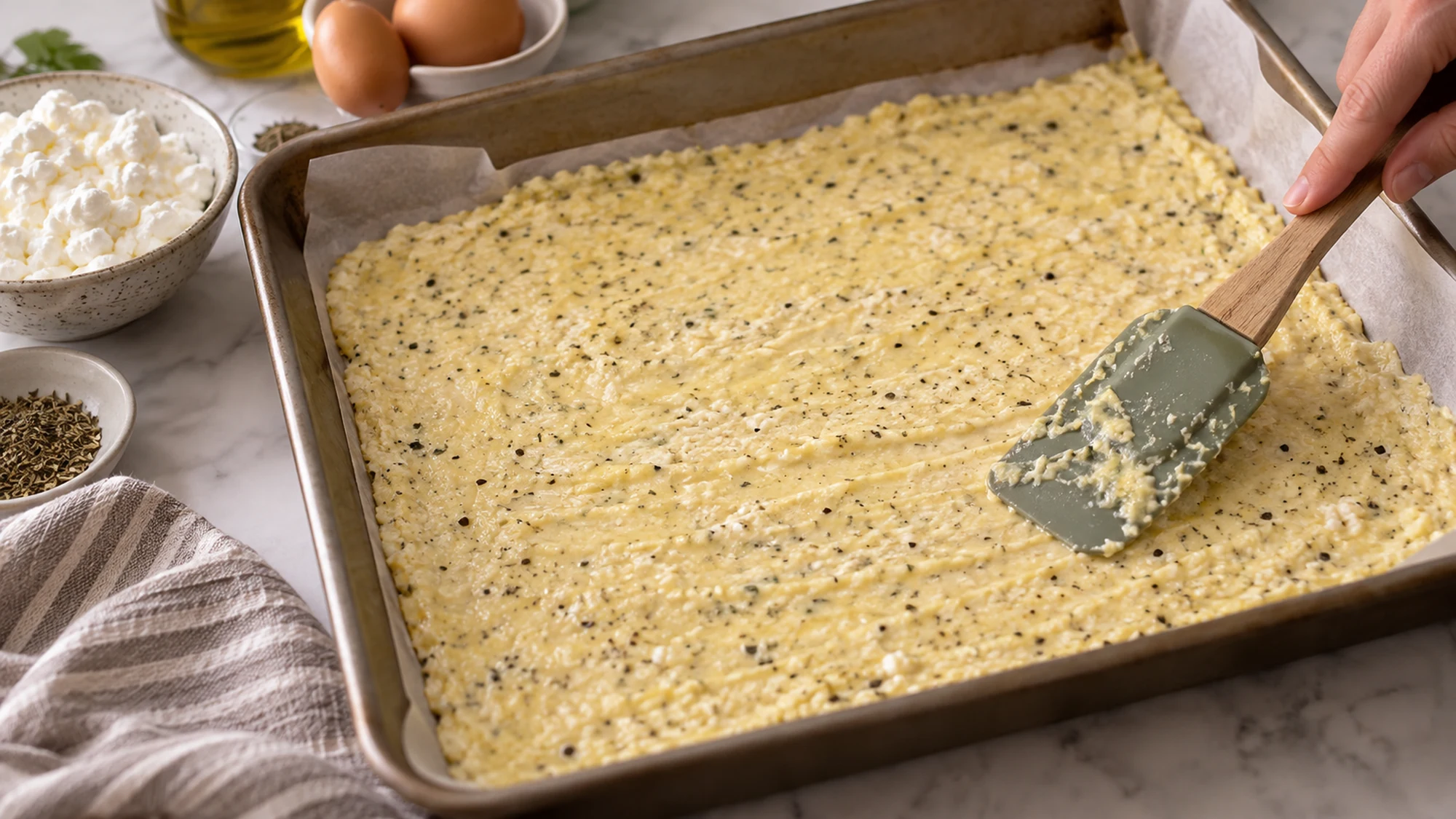 Baked cottage cheese flatbread resting on parchment before cutting.