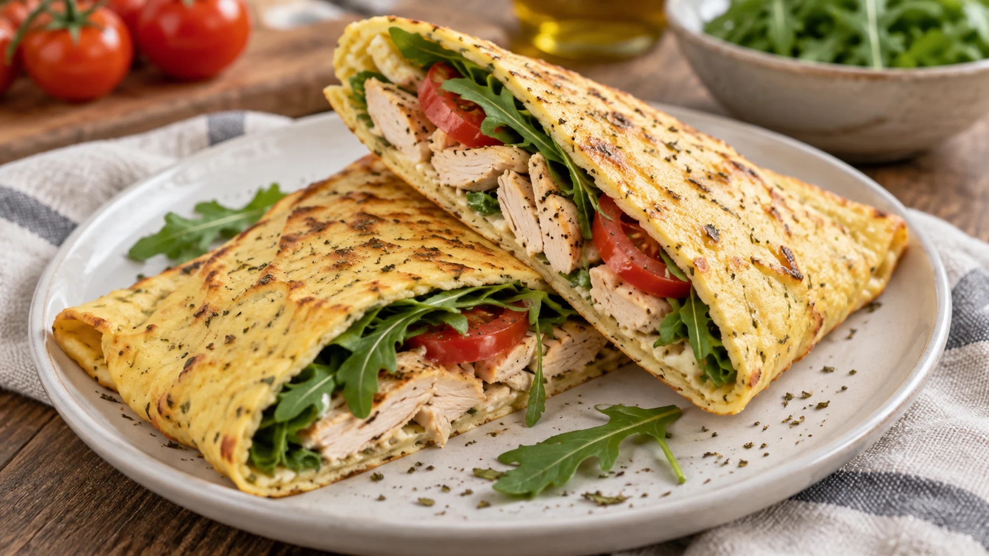 Cottage cheese flatbread folded around chicken, tomatoes and greens.