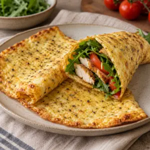 Square overhead photo of baked cottage cheese flatbread