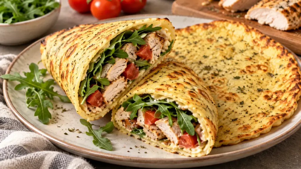 Finished cottage cheese flatbread folded around chicken, tomato, and greens