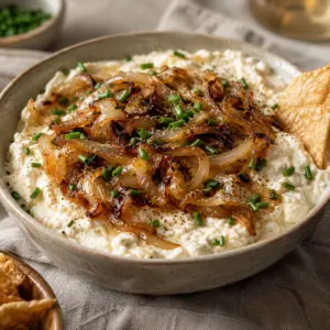 Square close-up of cottage cheese caramelized onion dip topped with chives.