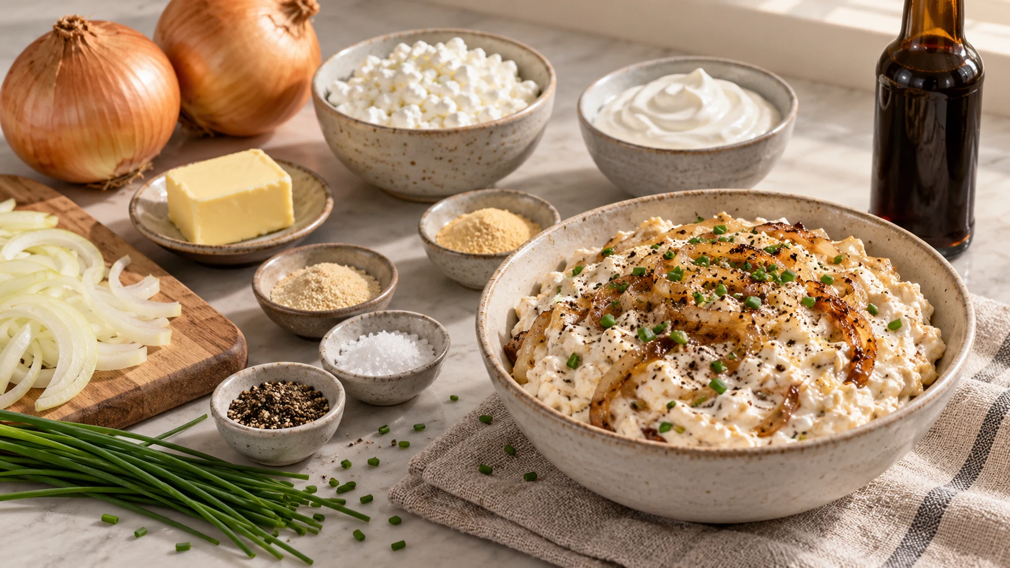 Ingredients for cottage cheese caramelized onion dip on a kitchen counter.