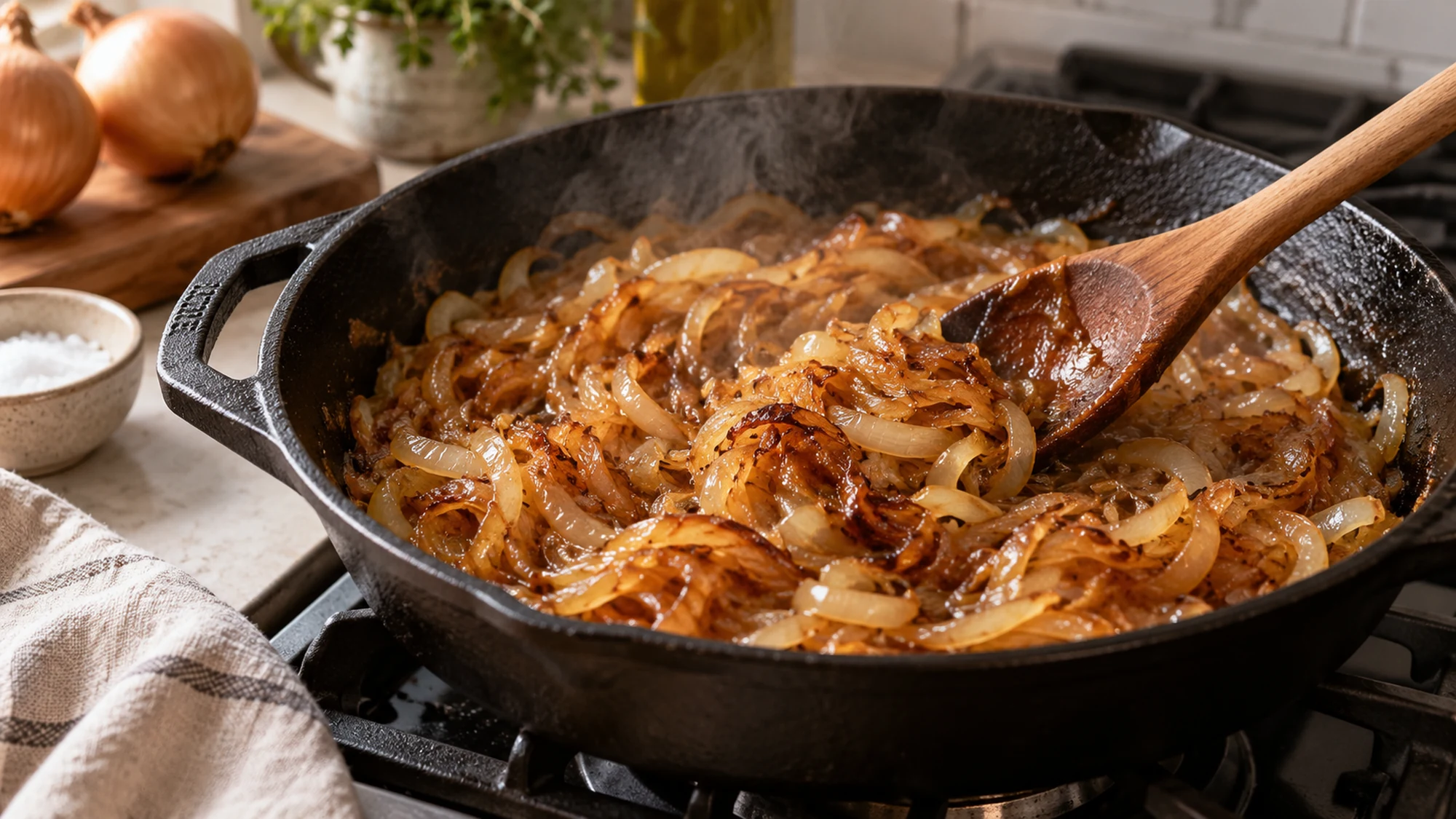 Sliced yellow onions slowly browning in a skillet for cottage cheese dip.