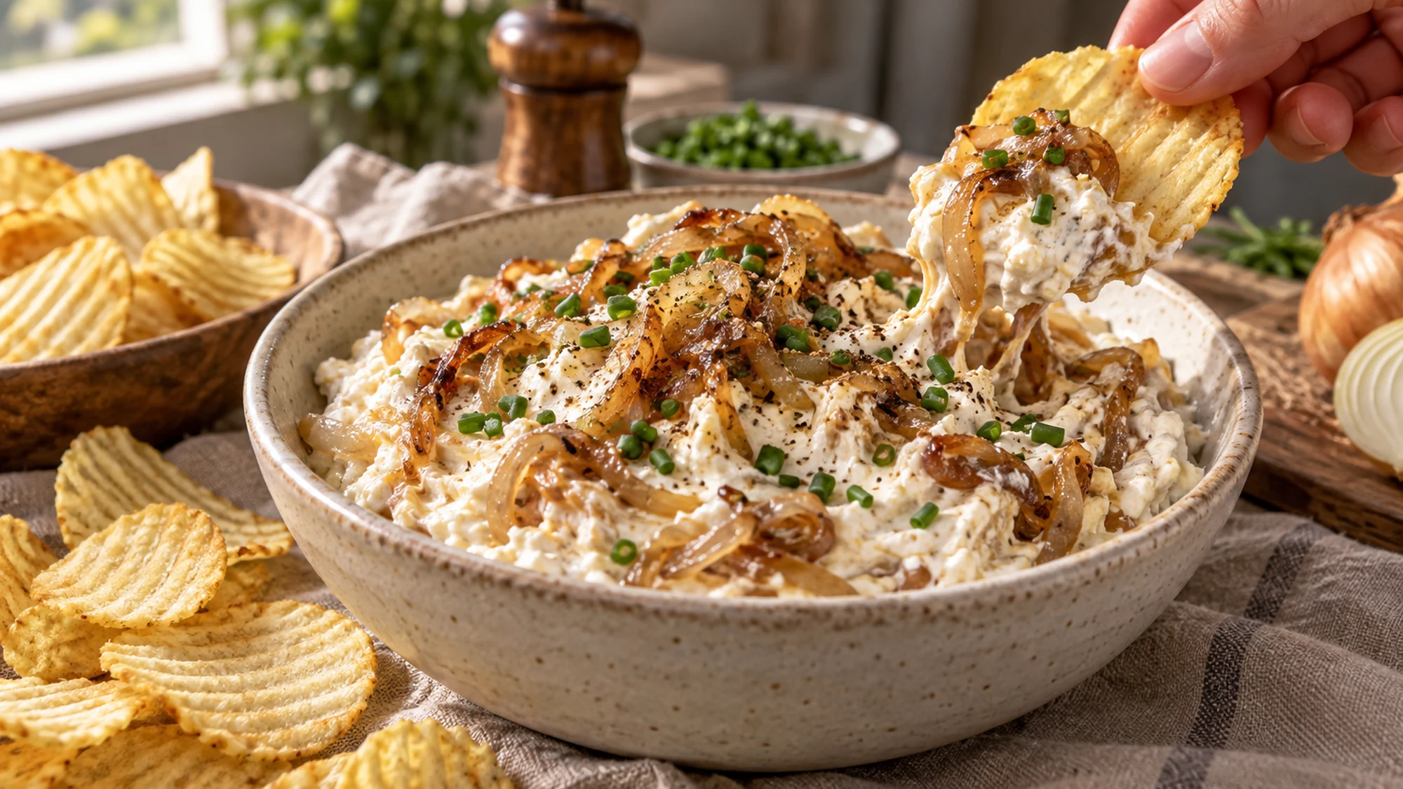 A ridged chip scooping cottage cheese dip with caramelized onions and chives.