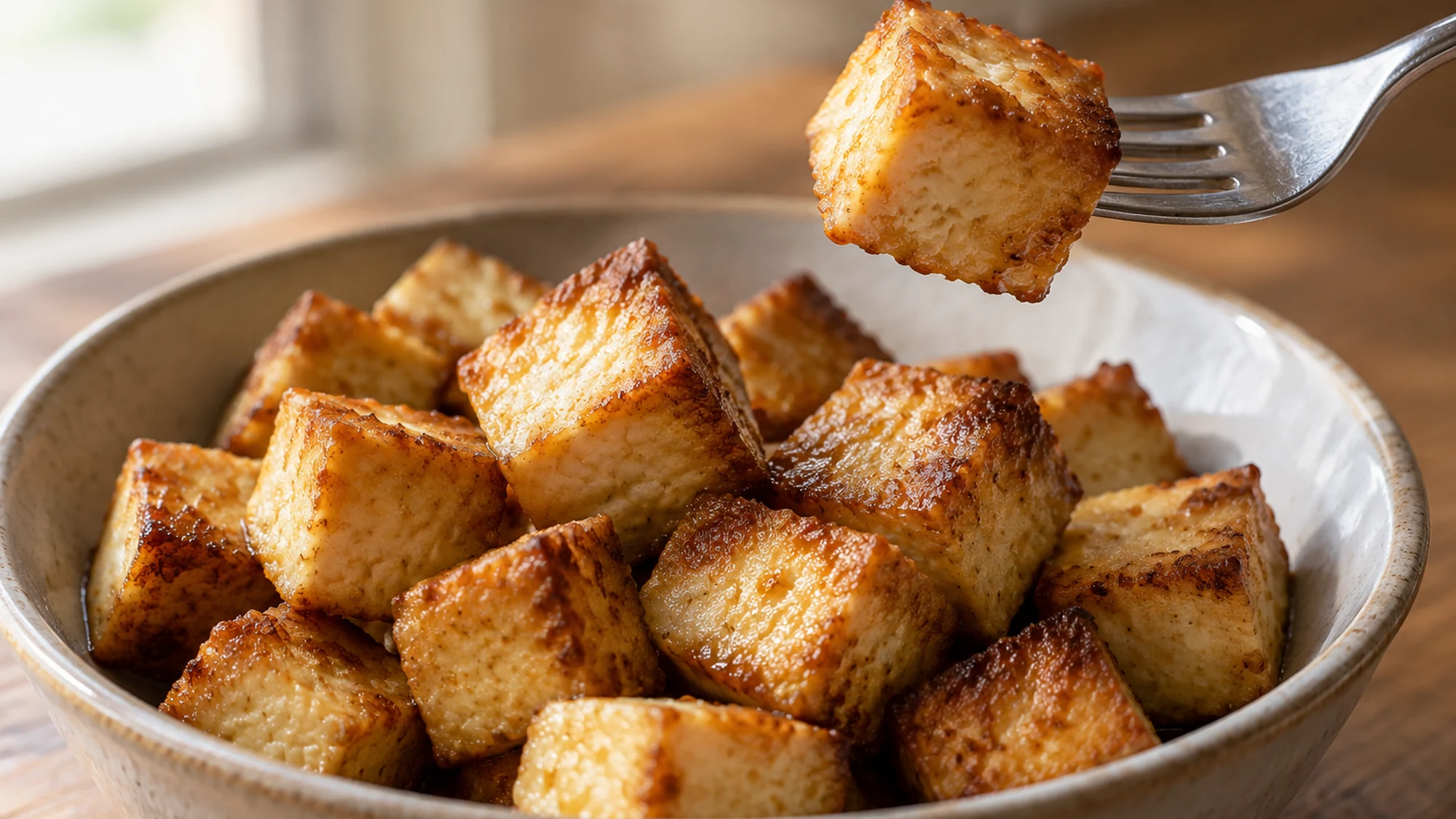 A fork lifting a golden baked tofu cube above a bowl.