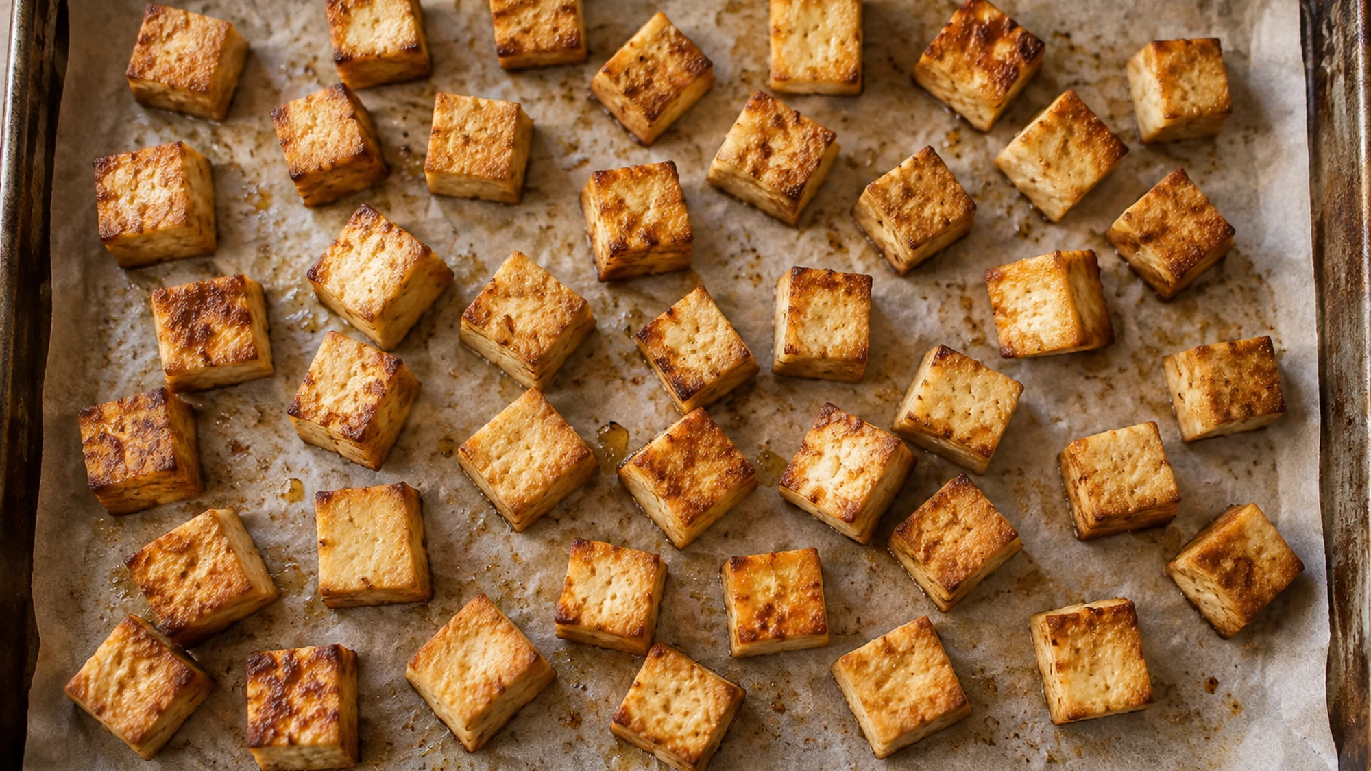 Crispy baked tofu cubes spaced on a parchment-lined sheet pan.