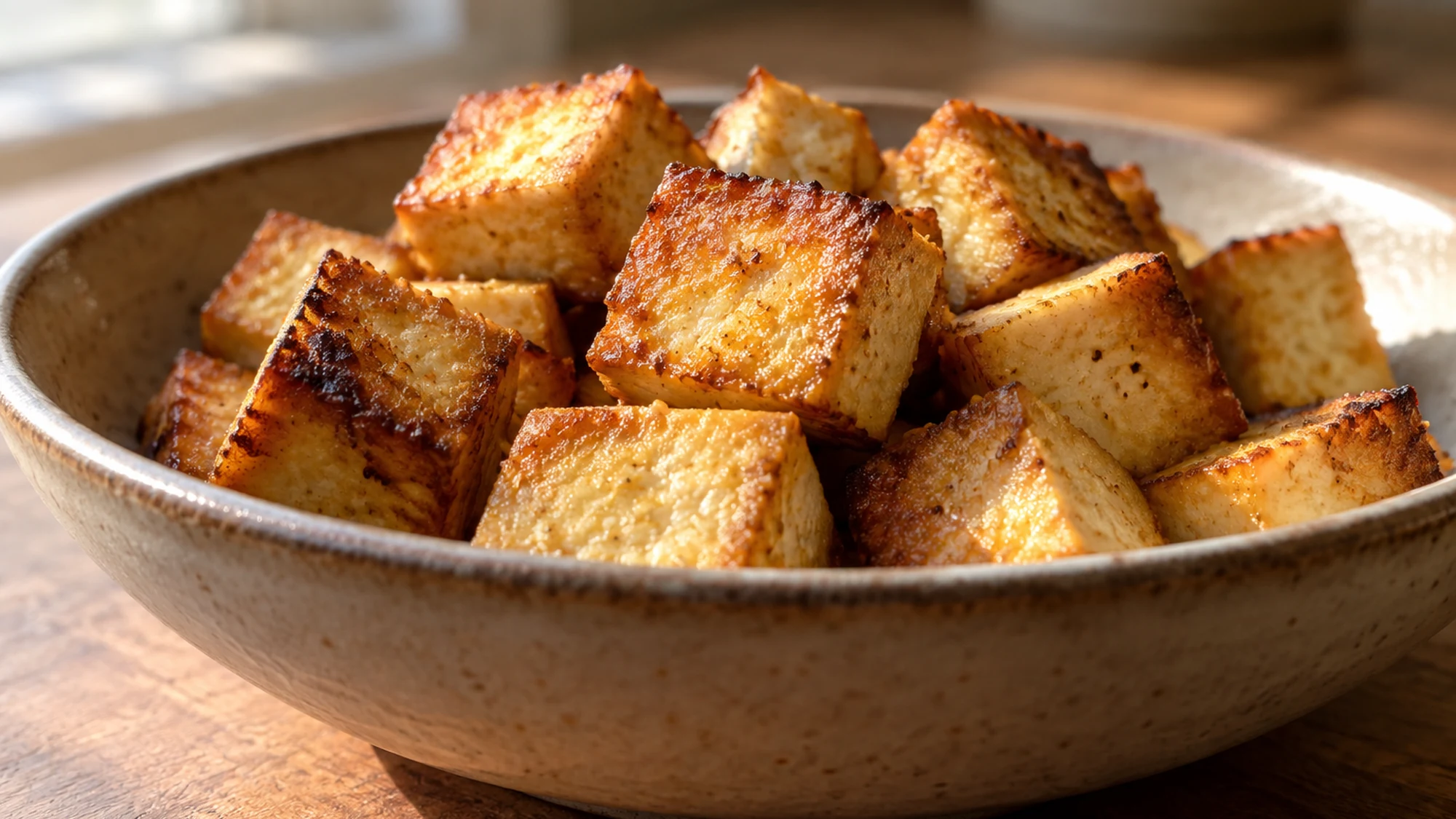 Close view of golden cornstarch-coated baked tofu edges.