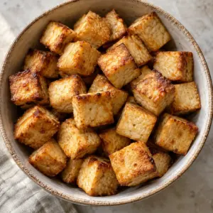 A square composition of golden baked tofu cubes in a bowl.