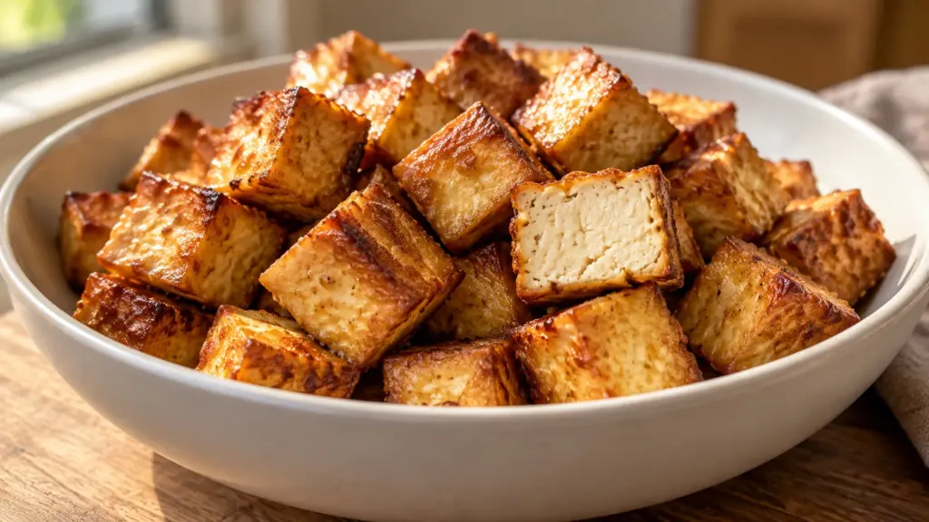 Golden crispy baked tofu cubes with tender pale centers in a shallow bowl.