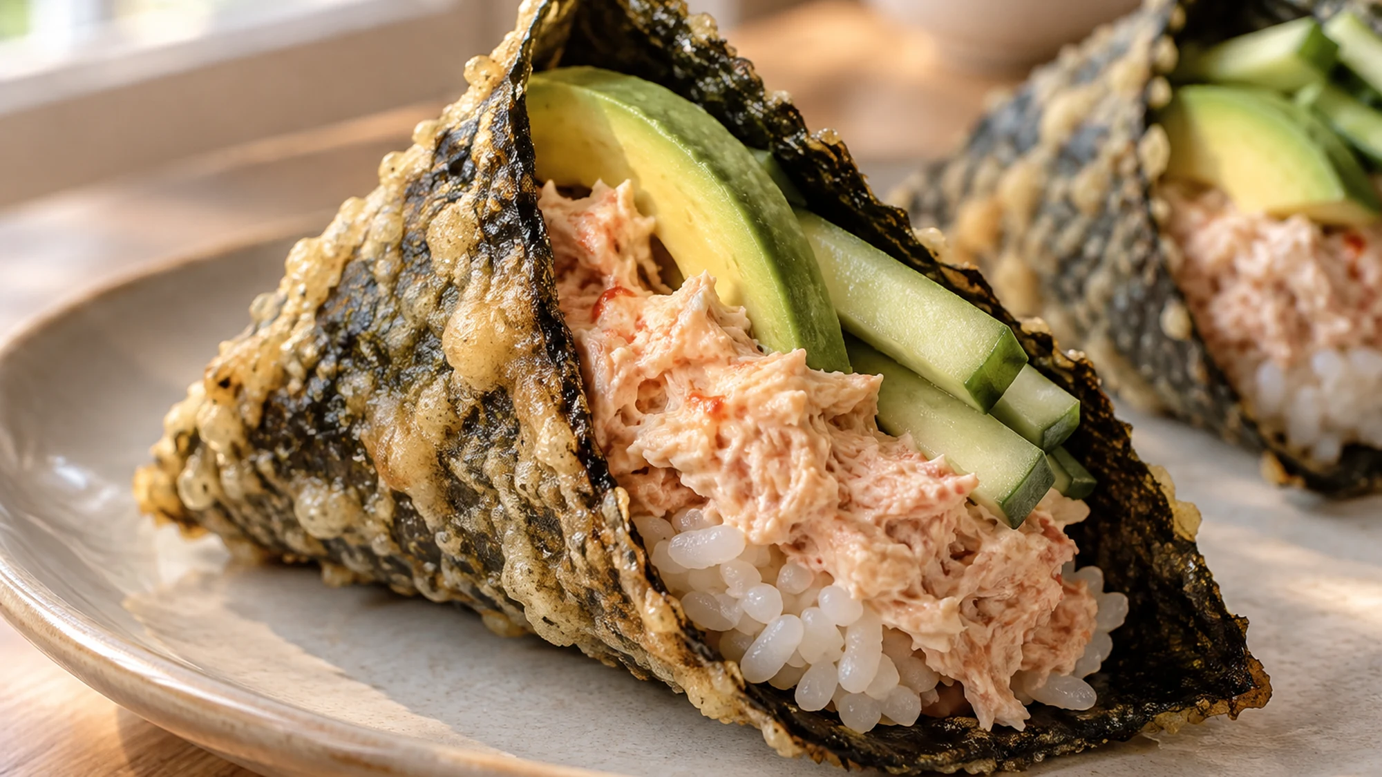 Close view inside a crisp nori taco with spicy tuna flakes and rice.