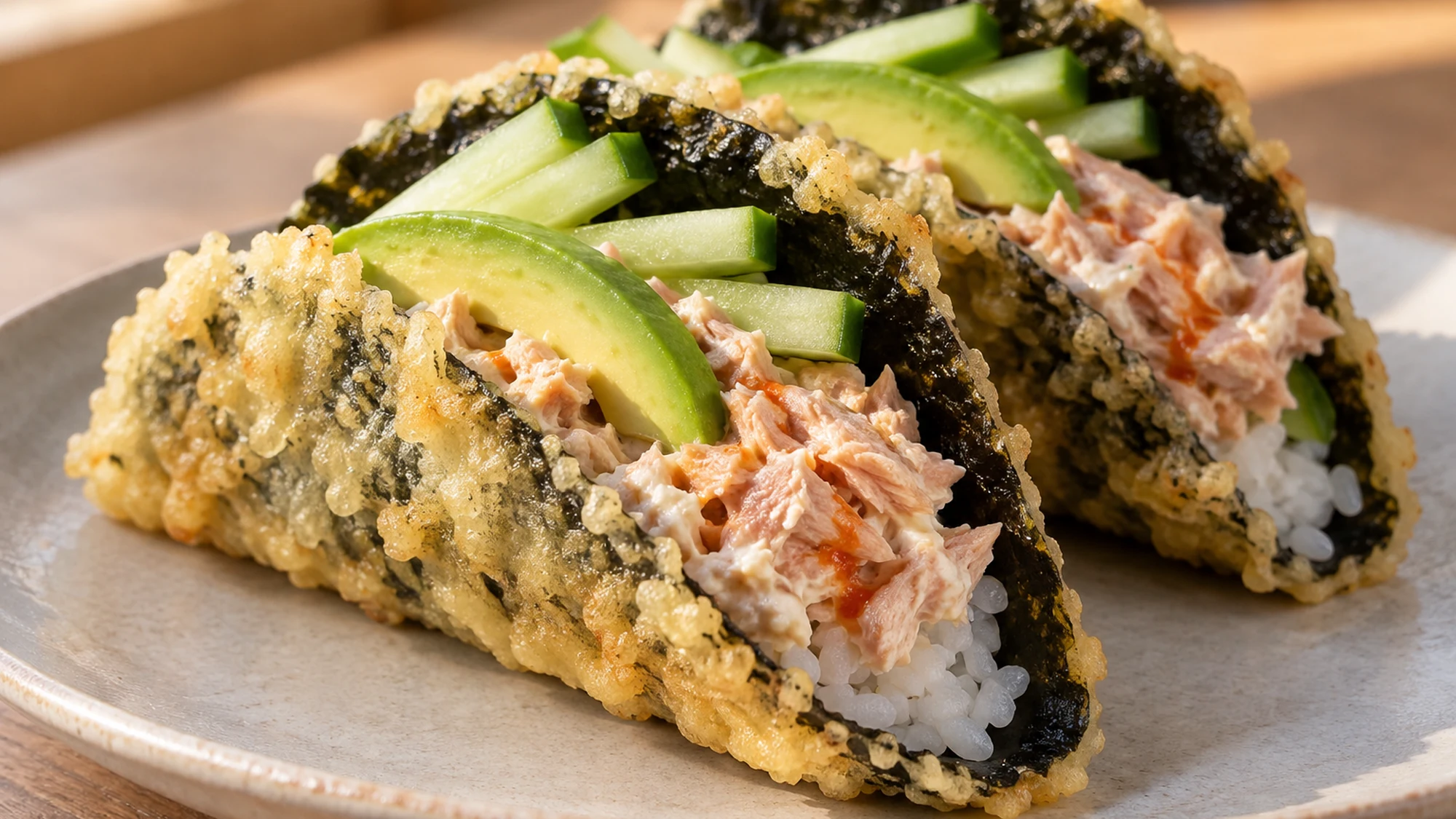 Golden tempura edges around dark nori shells with tuna and avocado.