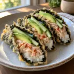 Three crispy nori sushi tacos filled with spicy cooked tuna and vegetables.