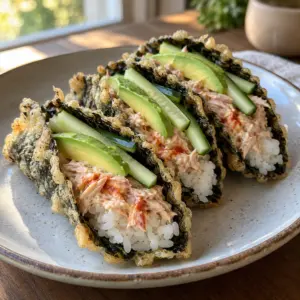 Three crispy nori sushi tacos filled with spicy cooked tuna and vegetables.