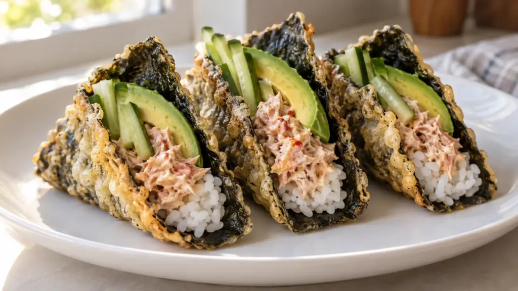Crispy tempura nori sushi tacos filled with cooked tuna, rice, avocado and cucumber.