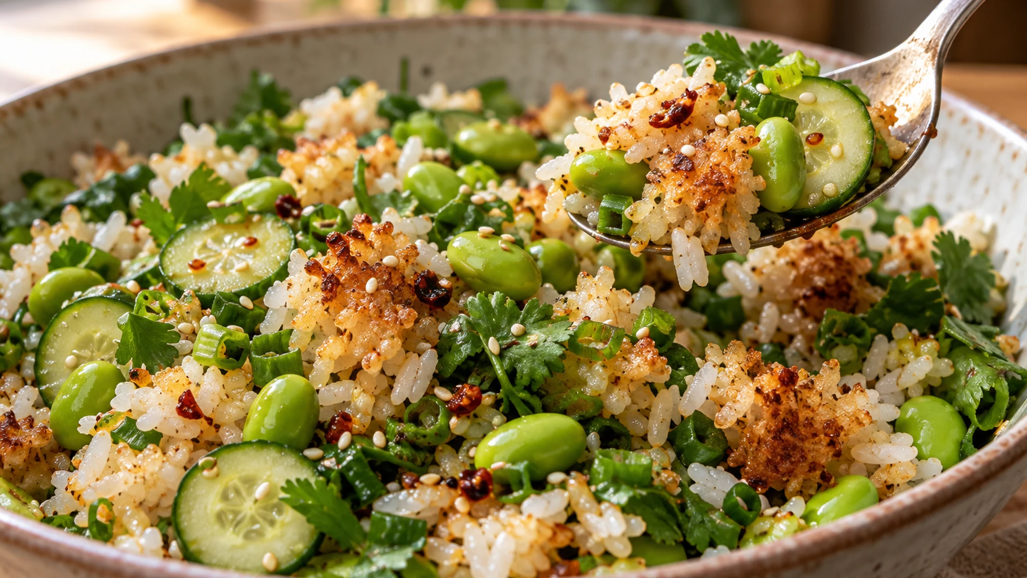 A spoon lifting crisp rice, cucumber and edamame from salad.