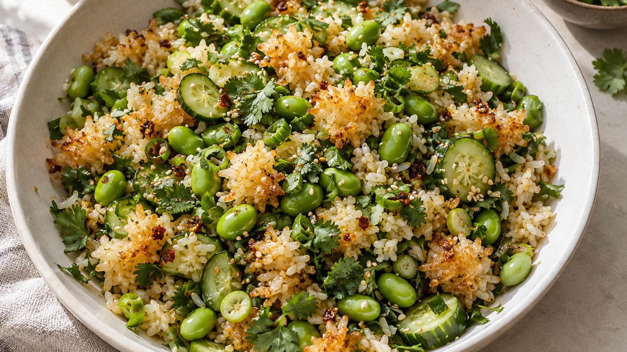 Overhead view of crispy rice salad with cucumber and fresh herbs.