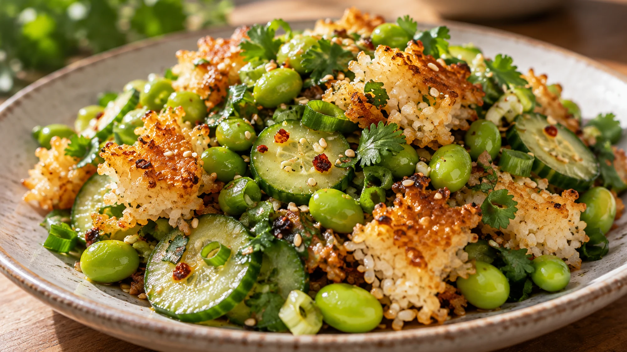 Golden rice clusters beside cucumber and edamame in a sesame salad.
