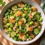 A bowl of crispy rice salad with edamame and cucumber.