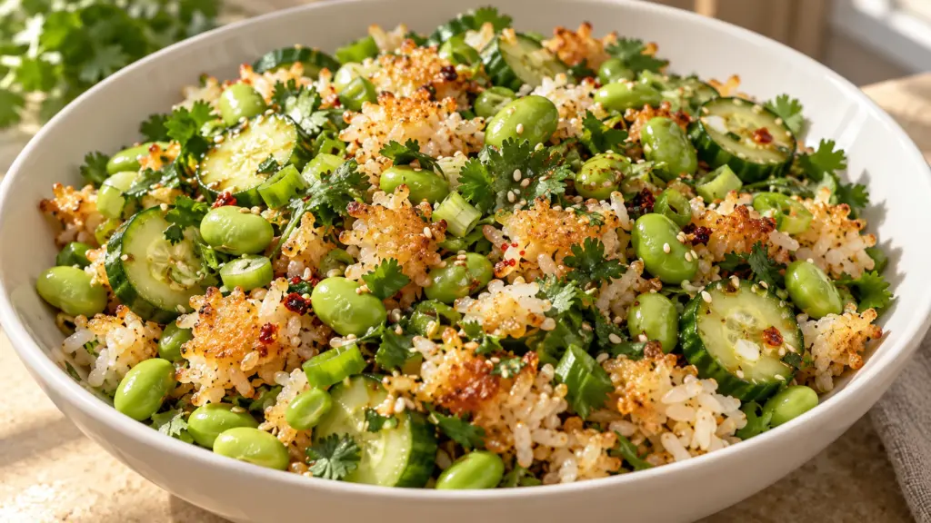 Crispy golden rice salad with cucumber, green edamame, cilantro and sesame.