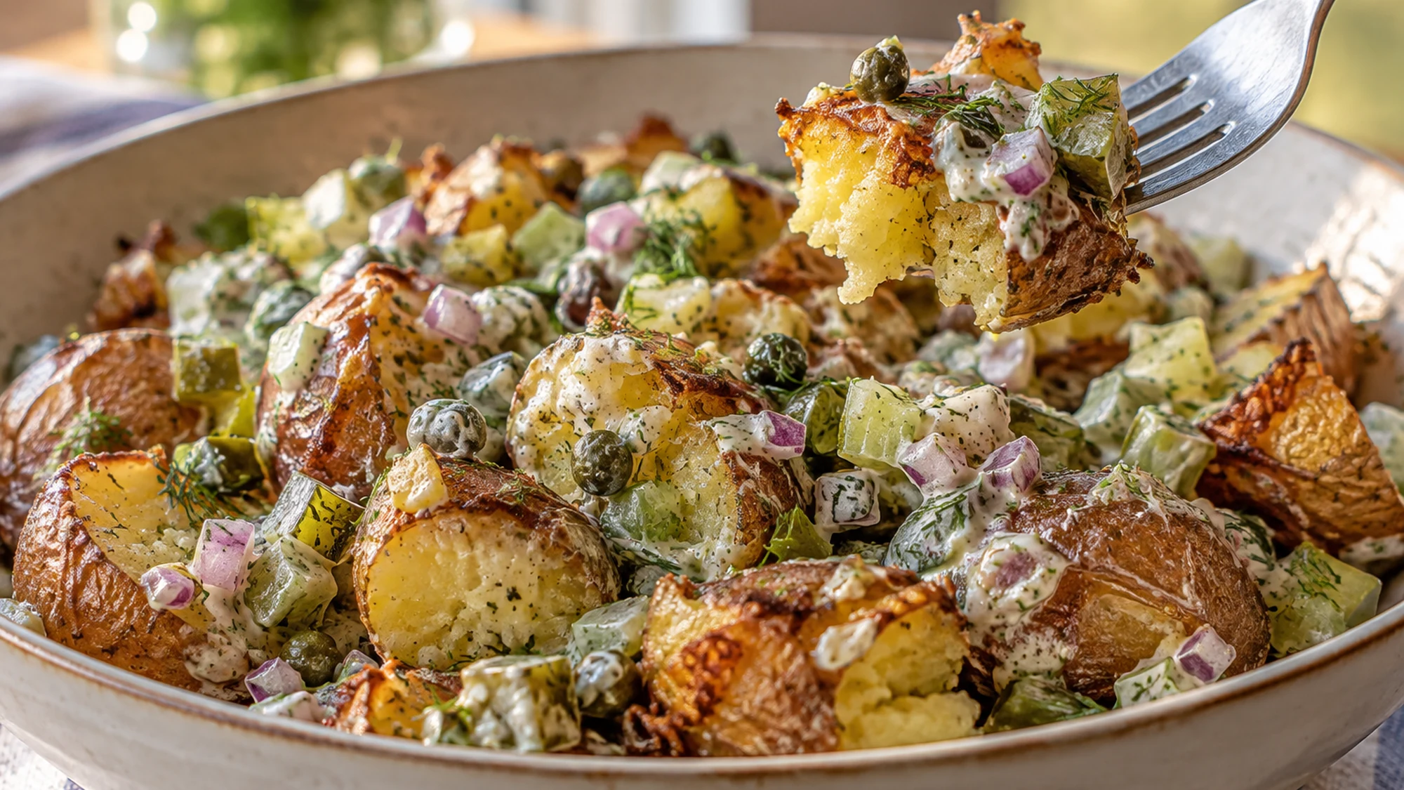 Fork lifting a tender smashed potato with browned skin from the dressed potato salad