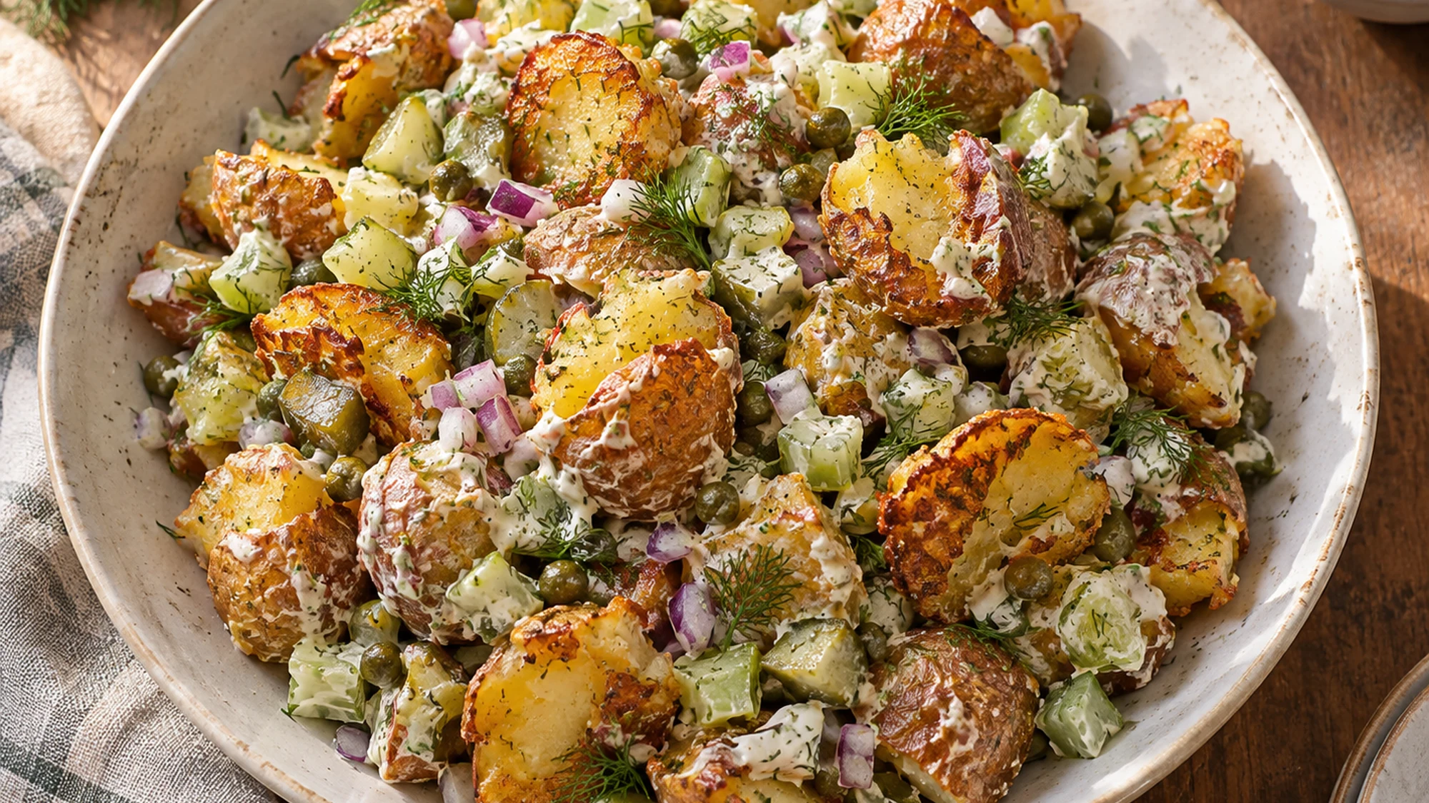 Overhead view of smashed potato salad with red onion, dill, celery, and capers