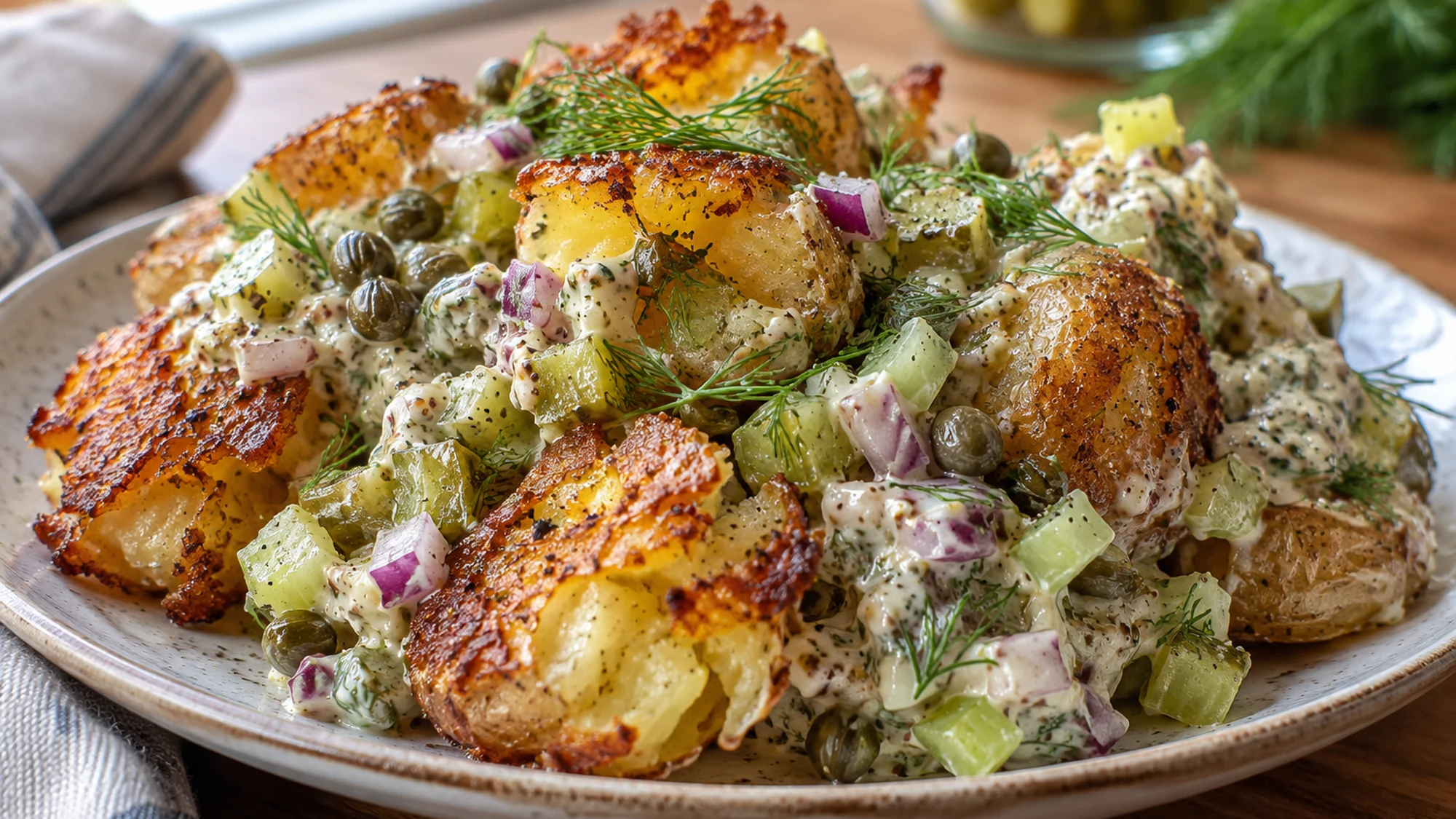 Close view of golden smashed potatoes lightly coated with mayonnaise and mustard dressing