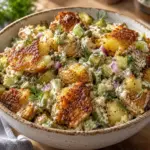 Square view of crispy smashed potato salad with chopped dill and pickles